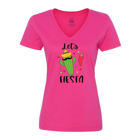 Inktastic Cinco De Mayo Let's Fiesta Cute Cactus with Sombrero Women's V-Neck T-Shirt