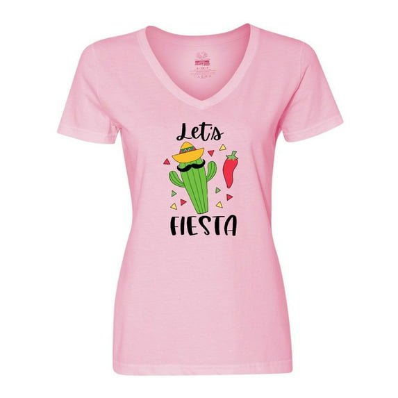 Inktastic Cinco De Mayo Let's Fiesta Cute Cactus with Sombrero Women's V-Neck T-Shirt