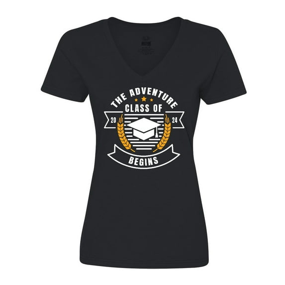 Inktastic Class of 2024 the Adventure Begins with Graduation Cap Women's V-Neck T-Shirt