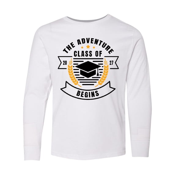 Inktastic Class of 2027 the Adventure Begins with Graduation Cap Long Sleeve Youth T-Shirt