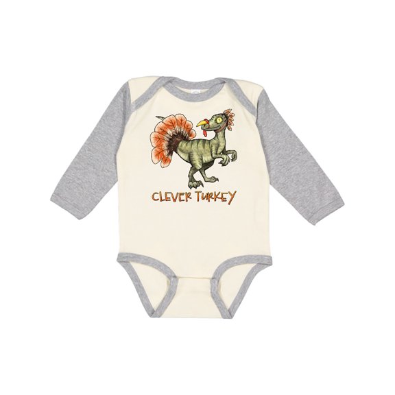 Inktastic Clever Turkey Thanksgiving Dinosaur Boys or Girls Long Sleeve Baby Bodysuit
