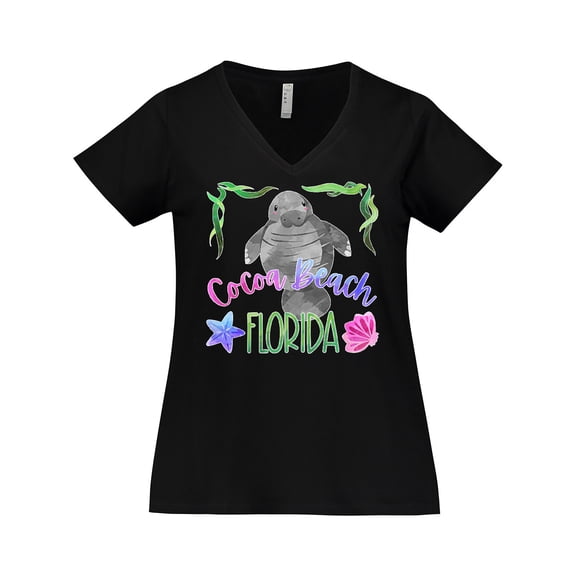 Inktastic Cocoa Beach Florida Cute Swimming Manatee Women's Plus Size V-Neck T-Shirt