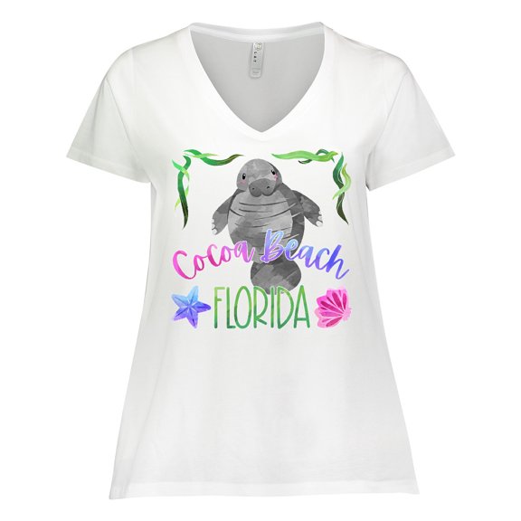 Inktastic Cocoa Beach Florida Cute Swimming Manatee Women's Plus Size V-Neck T-Shirt