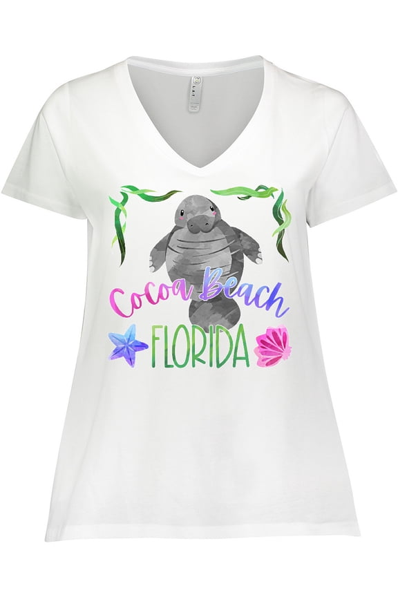 Cocoa Beach Florida Cute Swimming Manatee Women's Plus Size V-Neck T-Shirt