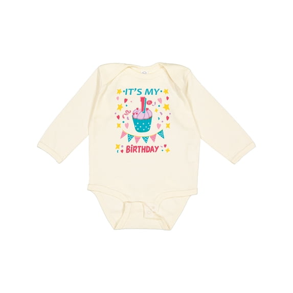 Inktastic Colorful Cupcake and Confetti Girls 1st Birthday Boys or Girls Long Sleeve Baby Bodysuit