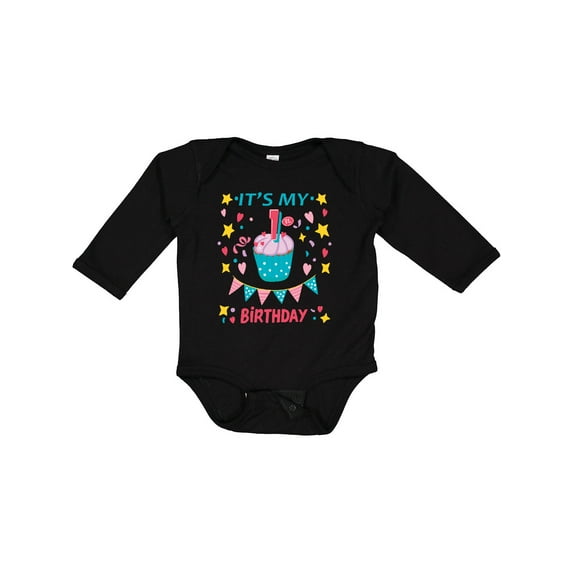 Inktastic Colorful Cupcake and Confetti Girls 1st Birthday Boys or Girls Long Sleeve Baby Bodysuit