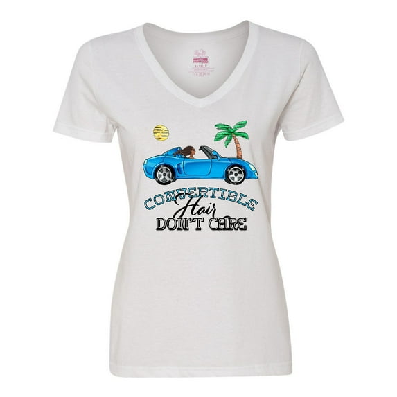 Inktastic Convertible Hair Don't Care with Black Hair and Blue Car Women's V-Neck T-Shirt