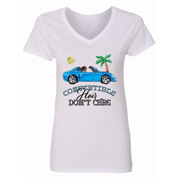 Inktastic Convertible Hair Don't Care with Black Hair and Blue Car Women's V-Neck T-Shirt