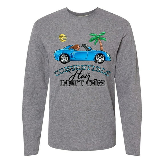Inktastic Convertible Hair Don't Care with Brown Hair and Blue Car Long Sleeve T-Shirt