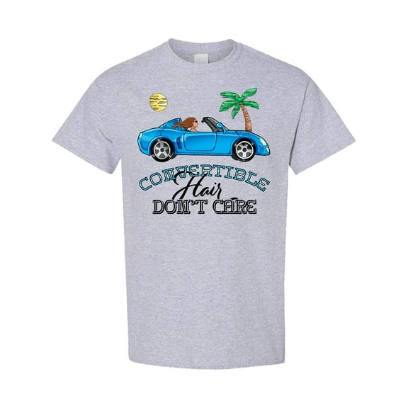 Inktastic Convertible Hair Don't Care with Brown Hair and Blue Car T-Shirt