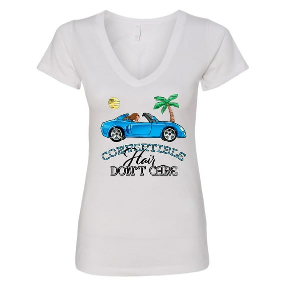 Inktastic Convertible Hair Don't Care with Brown Hair and Blue Car Women's V-Neck T-Shirt