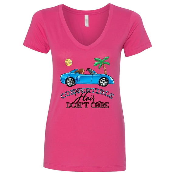 Inktastic Convertible Hair Don't Care with Brown Hair and Blue Car Women's V-Neck T-Shirt