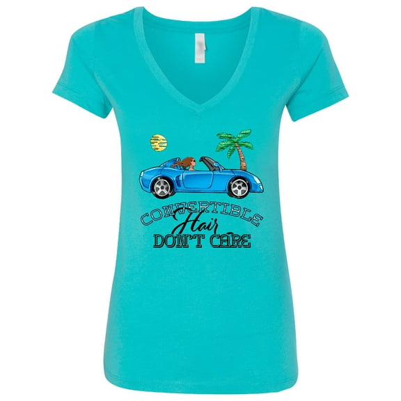 Inktastic Convertible Hair Don't Care with Brown Hair and Blue Car Women's V-Neck T-Shirt