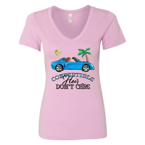 Inktastic Convertible Hair Don't Care with Brown Hair and Blue Car Women's V-Neck T-Shirt