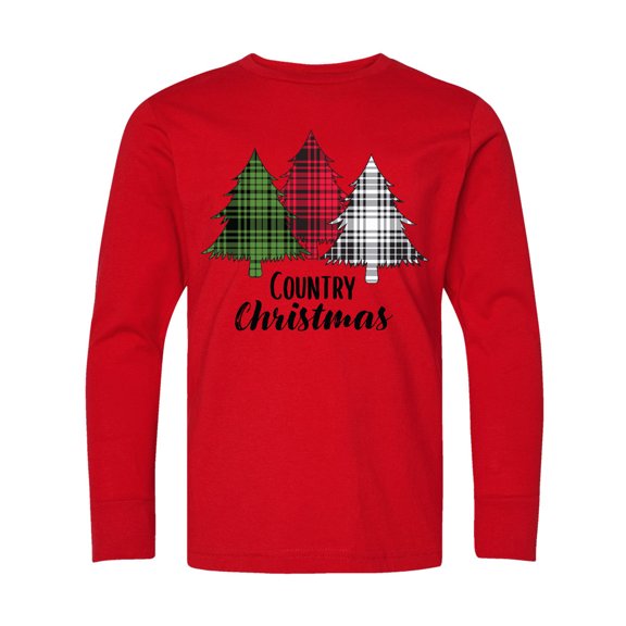Inktastic Country Christmas Plaid Trees Long Sleeve Youth T-Shirt