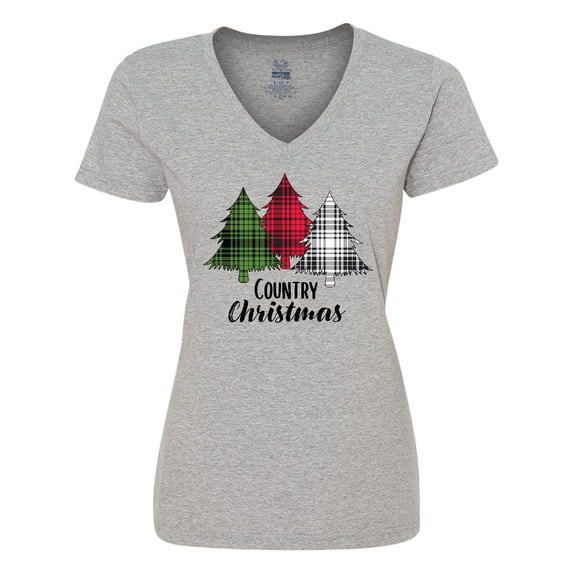 Inktastic Country Christmas Plaid Trees Women's V-Neck T-Shirt