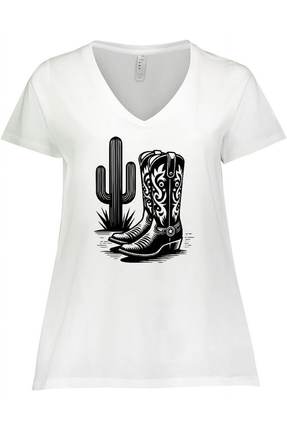 Cowboy Cowgirl Boots Cactus Women's Plus Size V-Neck T-Shirt