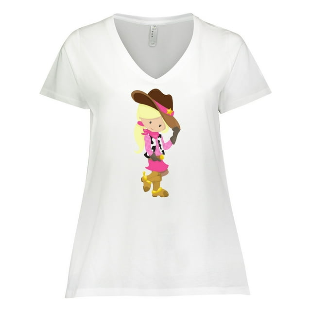 Inktastic Cowboy Girl, Girl With Cowboy Hat, Blonde Hair Women's Plus Size V-Neck T-Shirt