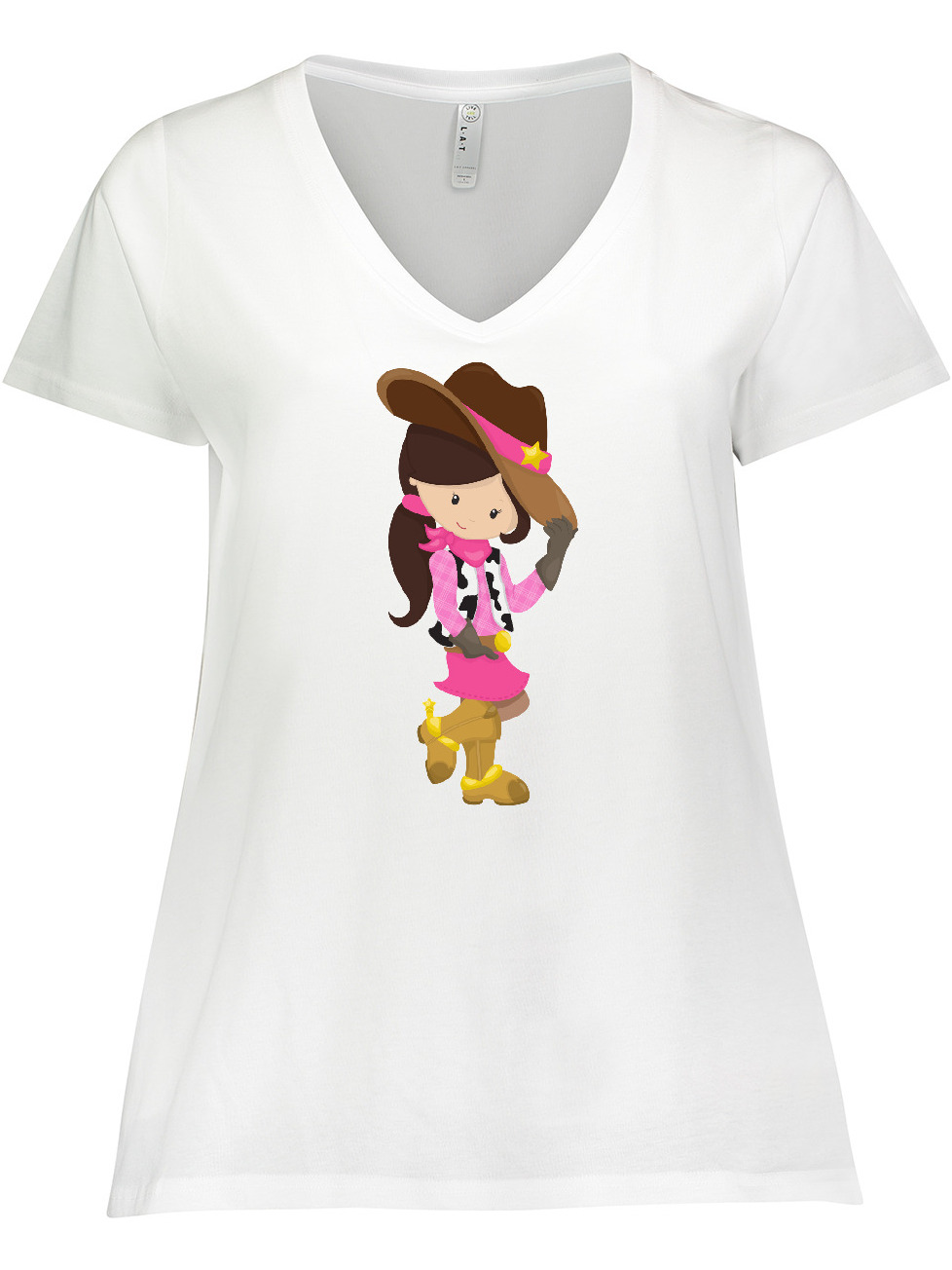 Inktastic Cowboy Girl, Girl With Cowboy Hat, Brown Hair Women's Plus Size V-Neck T-Shirt - image 1 of 4