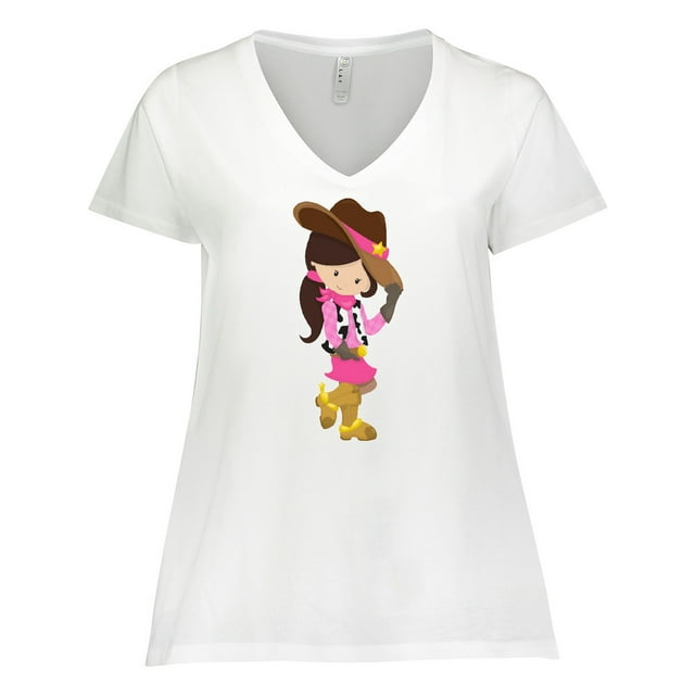 Inktastic Cowboy Girl, Girl With Cowboy Hat, Brown Hair Women's Plus Size V-Neck T-Shirt