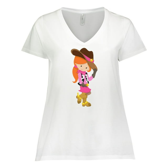 Inktastic Cowboy Girl, Girl With Cowboy Hat, Orange Hair Women's Plus Size V-Neck T-Shirt