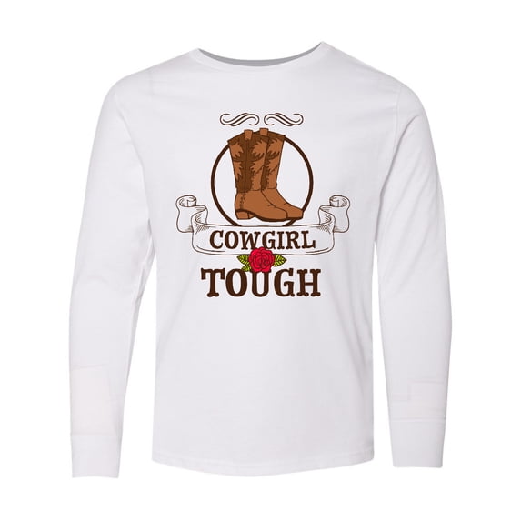 Inktastic Cowgirl Tough with Cowgirl Boots and Rose Long Sleeve Youth T-Shirt