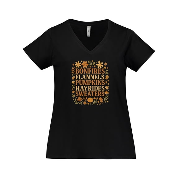 Inktastic Cozy Autumn Vibes Bonfires Flannels Pumpkins Hayrides Women's Plus Size V-Neck T-Shirt