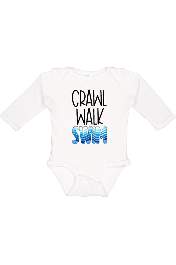 Crawl Walk Swim Wave Design Boys or Girls Long Sleeve Baby Bodysuit