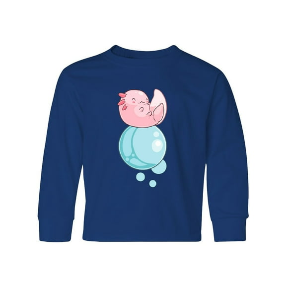 Inktastic Cute Axolotl Sitting on a Bubble Long Sleeve Youth T-Shirt