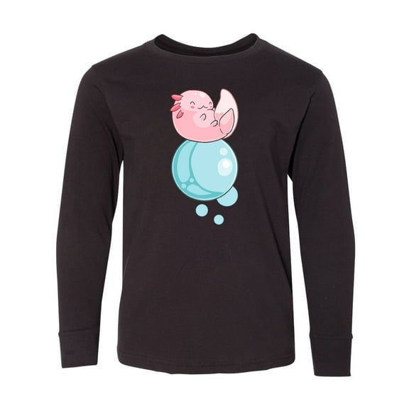 Inktastic Cute Axolotl Sitting on a Bubble Long Sleeve Youth T-Shirt