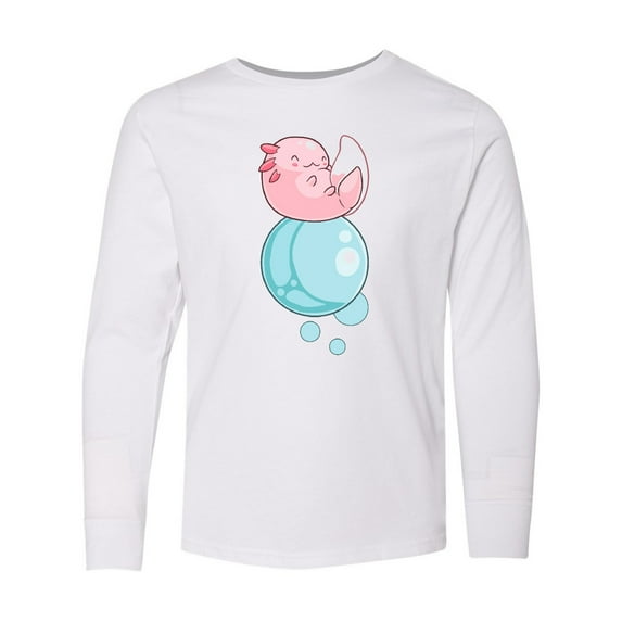 Inktastic Cute Axolotl Sitting on a Bubble Long Sleeve Youth T-Shirt