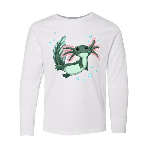 Inktastic Cute Axolotl Swimming with Bubbles Long Sleeve Youth T-Shirt