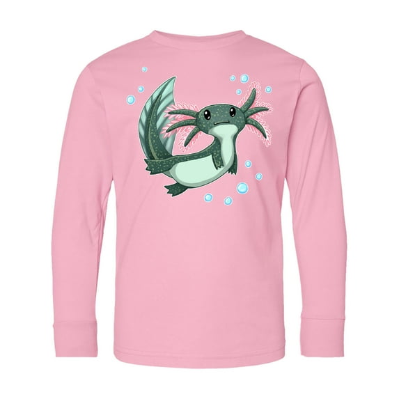 Inktastic Cute Axolotl Swimming with Bubbles Long Sleeve Youth T-Shirt