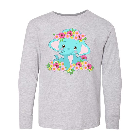 Inktastic Cute Baby Elephant with Flowers Long Sleeve Youth T-Shirt
