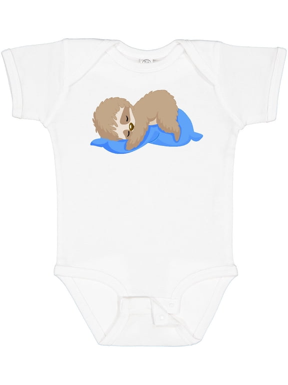 Cute Baby Sloth Sleeping on Blue Pillow Boys or Girls Baby Bodysuit