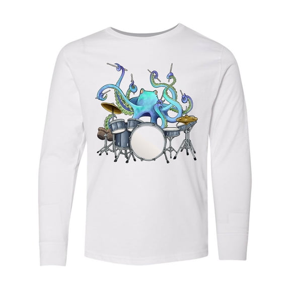 Inktastic Cute Blue Octopus Drumming Long Sleeve Youth T-Shirt