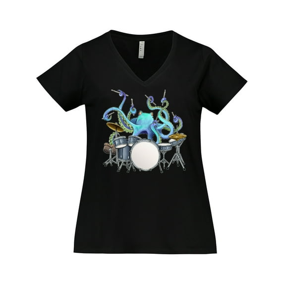 Inktastic Cute Blue Octopus Drumming Women's Plus Size V-Neck T-Shirt