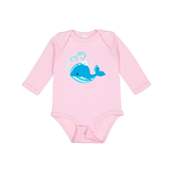 Inktastic Cute Blue Whale in Nautical Hat Boys or Girls Long Sleeve Baby Bodysuit