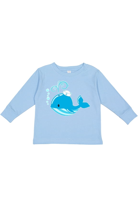 Cute Blue Whale in Nautical Hat Boys or Girls Long Sleeve Toddler T-Shirt