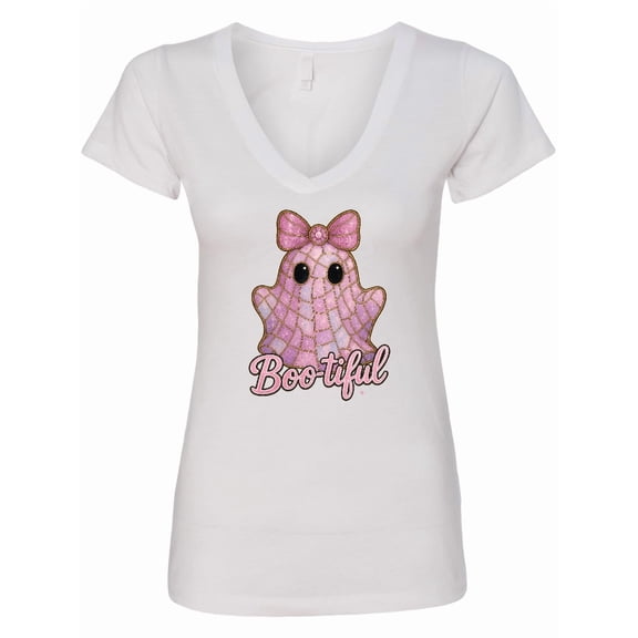 Inktastic Cute Boo-tiful Ghost with Pink Bow Kids Halloween Women's V-Neck T-Shirt