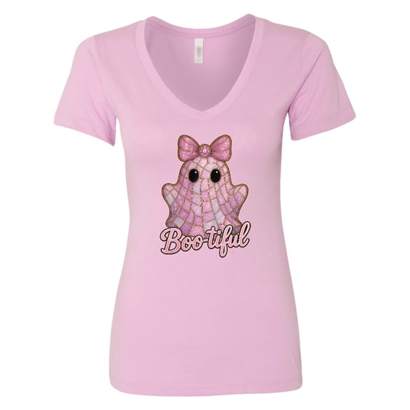 Inktastic Cute Boo-tiful Ghost with Pink Bow Kids Halloween Women's V-Neck T-Shirt