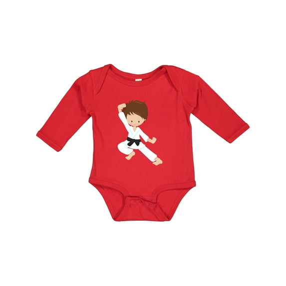 Inktastic Cute Boy, Brown Hair, Black Belt, Karate Pose Boys Long Sleeve Baby Bodysuit