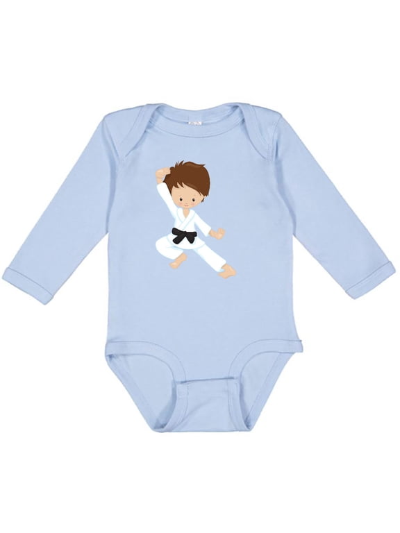 Cute Boy, Brown Hair, Black Belt, Karate Pose Boys Long Sleeve Baby Bodysuit