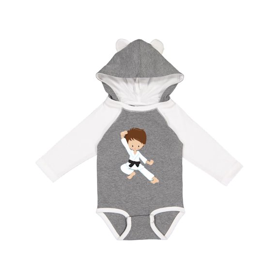 Inktastic Cute Boy, Brown Hair, Black Belt, Karate Pose Boys Long Sleeve Baby Bodysuit