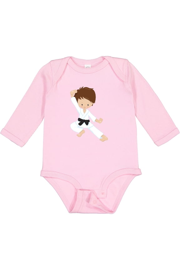 Cute Boy, Brown Hair, Black Belt, Karate Pose Boys Long Sleeve Baby Bodysuit