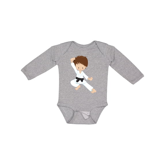 Inktastic Cute Boy, Brown Hair, Black Belt, Karate Pose Boys Long Sleeve Baby Bodysuit