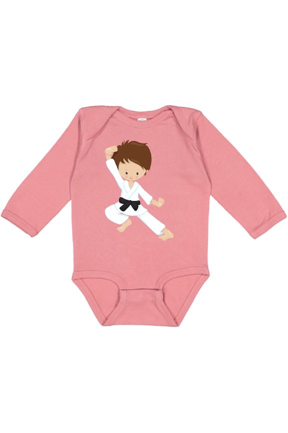Cute Boy, Brown Hair, Black Belt, Karate Pose Boys Long Sleeve Baby Bodysuit
