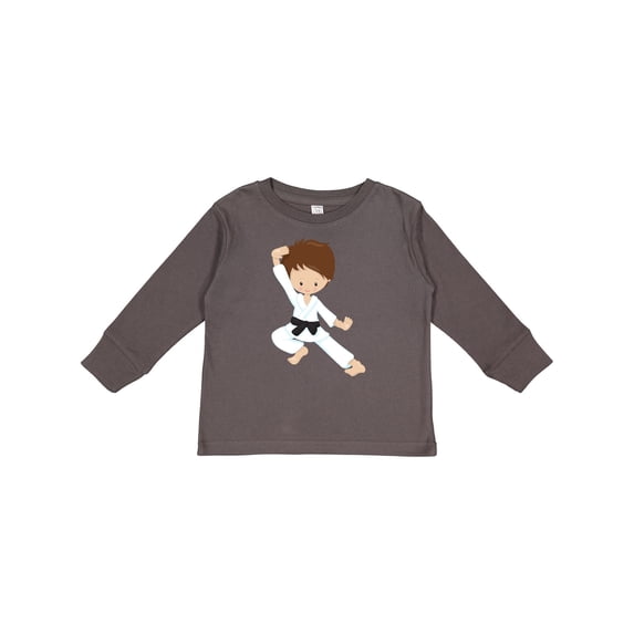 Inktastic Cute Boy, Brown Hair, Black Belt, Karate Pose Boys Long Sleeve Toddler T-Shirt