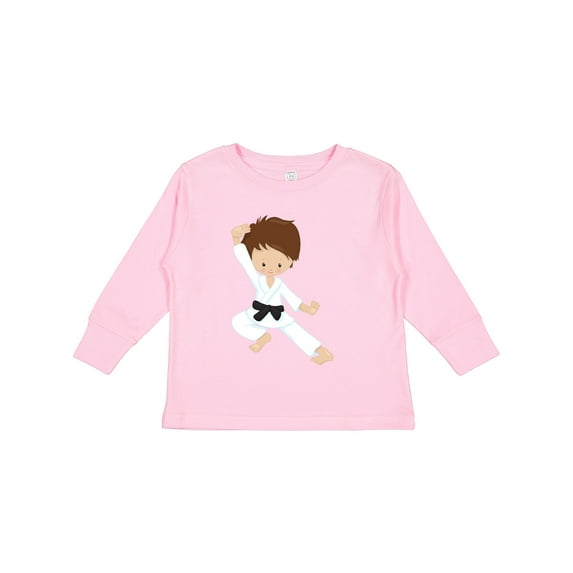 Inktastic Cute Boy, Brown Hair, Black Belt, Karate Pose Boys Long Sleeve Toddler T-Shirt