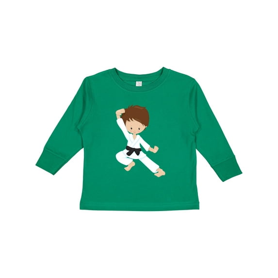 Inktastic Cute Boy, Brown Hair, Black Belt, Karate Pose Boys Long Sleeve Toddler T-Shirt